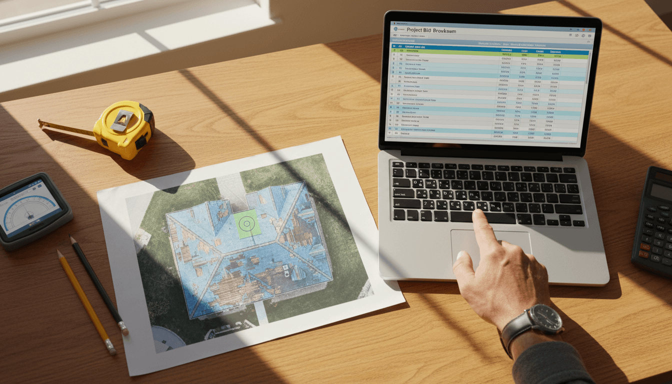 Roofing contractor reviewing aerial report and bid breakdown at desk with natural lighting