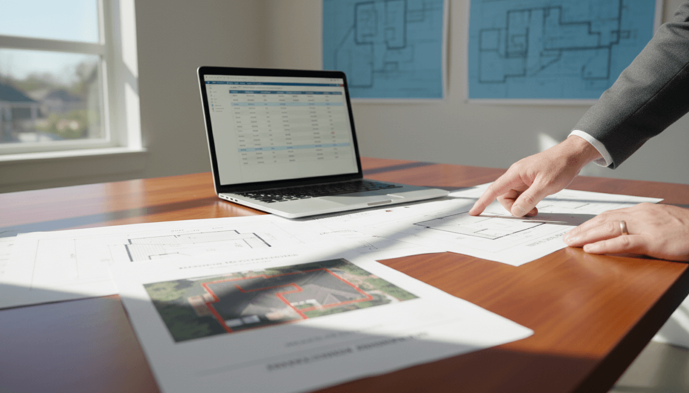 Contractor reviewing roof measurement documents and bid estimates at desk