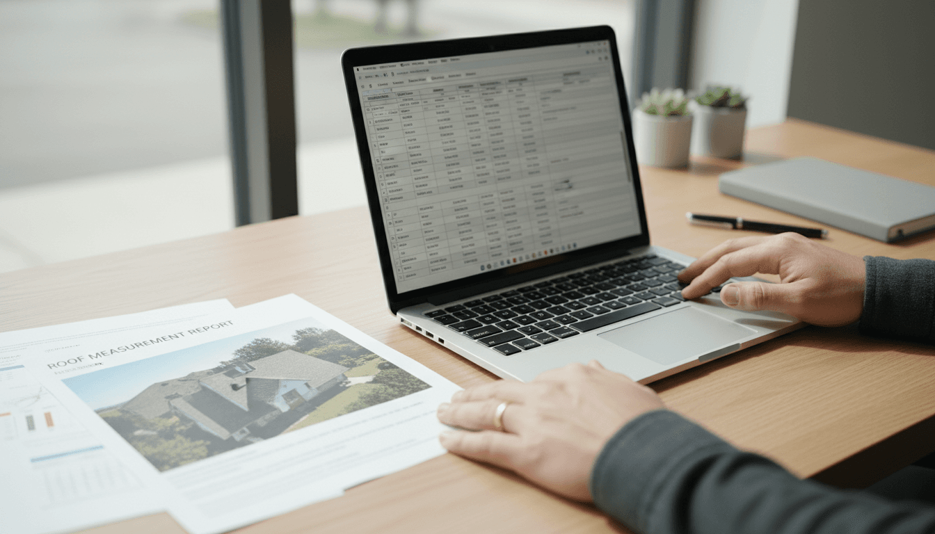 Roofing contractor reviewing a detailed bid estimate on laptop with measurement reports on desk